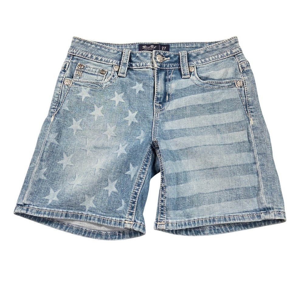 Miss Me Americana Stars Stripes Denim Shorts Womens 27 Blue Mid Rise Light Wash